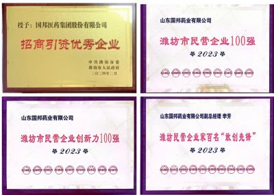 【喜訊】國邦醫藥及下屬山東國邦藥業(yè)喜獲2023濰坊招商引資優(yōu)秀企業(yè)、濰坊民營(yíng)企業(yè)100強等多項榮譽(yù)